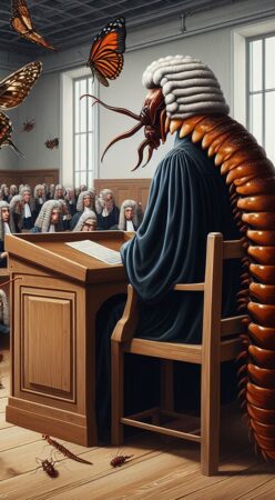 A centipede presides over a courtroom