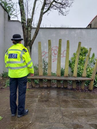 Totnes Police looking over some grafitti tags in The Rotherfold Totnes