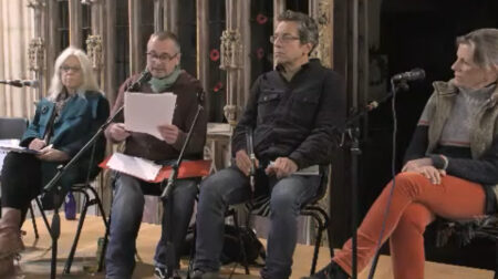 Jacqi Hodgson, Jim Funnell, George Monbiot, and Anthea Simmons in St Marys Church Totnes Freeport Meeting