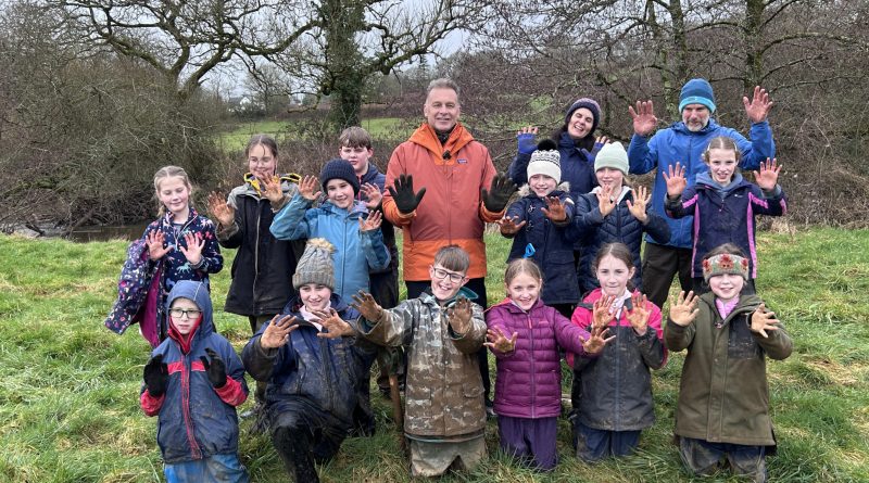 pupils from East Allington Primary School with Chris Packham